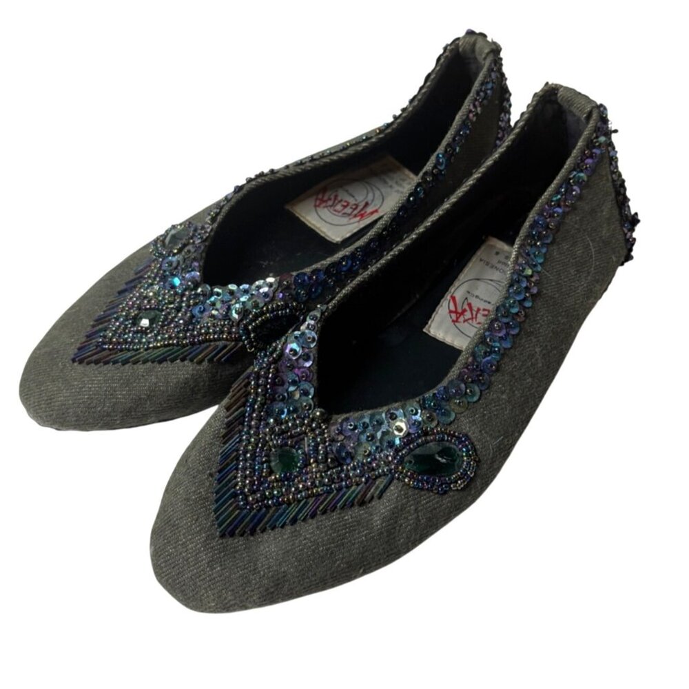 Meeka Womens Embellished Beaded Sequin Flats US 5 Gray Slip-On Shoes Size 37